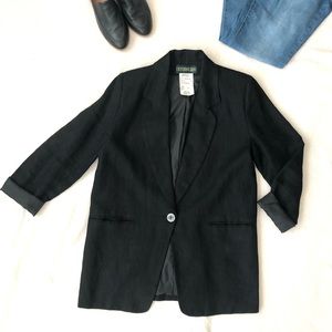 Vintage Linen Oversized Single Button Black Blazer Size 6